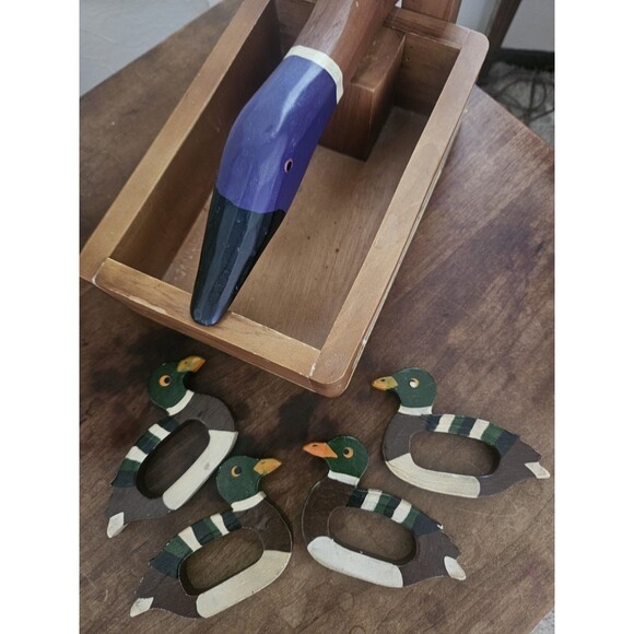 Mallard Nutcracker And Napkin Ring Lot Vintage Wood Carved - Picture 1 of 7